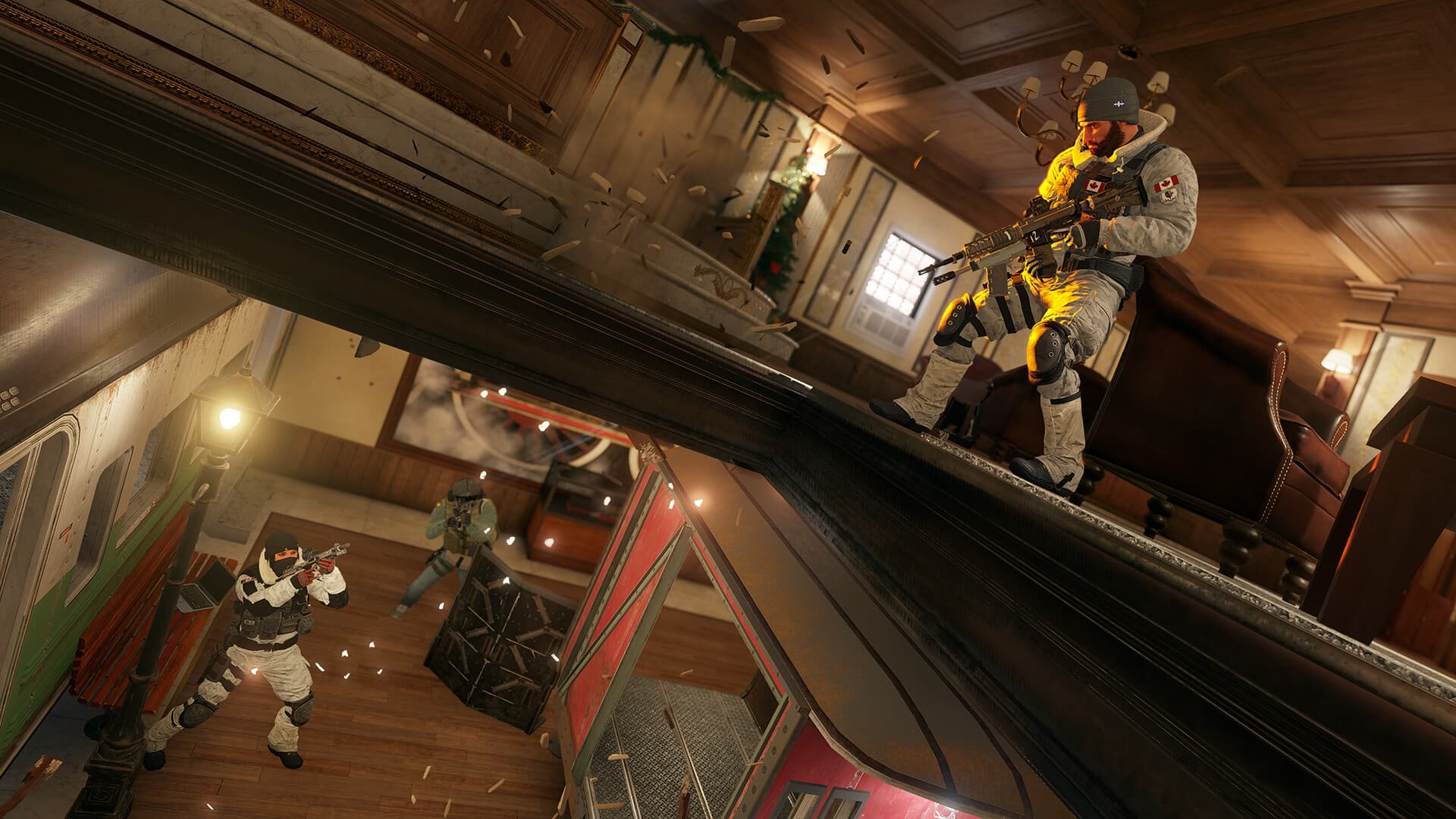 A fight scene, where an attacker is in the top floor, shooting two defenders below